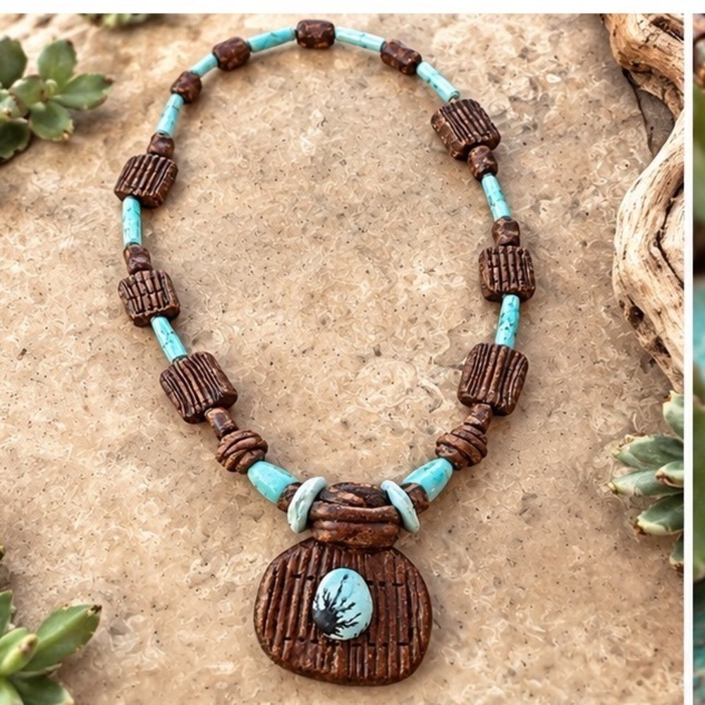 Handmade Southwestern Turquoise Dendritic Pendant Necklace Brown Clay Bead Boho